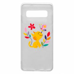 Чехол для Samsung S10 Cat, Flowers and Butterfly - PrintSalon