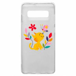 Чехол для Samsung S10+ Cat, Flowers and Butterfly - PrintSalon