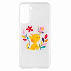 Чехол для Samsung S21 Cat, Flowers and Butterfly - PrintSalon