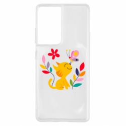 Чехол для Samsung S21 Ultra Cat, Flowers and Butterfly - PrintSalon