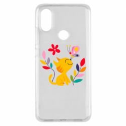 Чехол для Xiaomi Mi A2 Cat, Flowers and Butterfly - PrintSalon