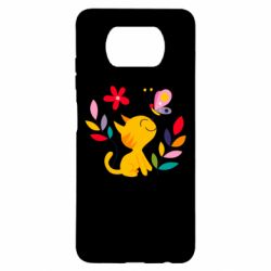 Чехол для Xiaomi Poco X3 Cat, Flowers and Butterfly - PrintSalon