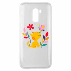 Чехол для Xiaomi Pocophone F1 Cat, Flowers and Butterfly - PrintSalon