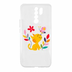 Чехол для Xiaomi Redmi 9 Cat, Flowers and Butterfly - PrintSalon