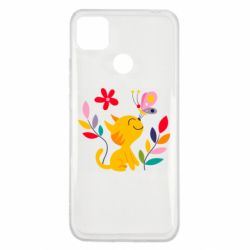 Чехол для Xiaomi Redmi 9c Cat, Flowers and Butterfly - PrintSalon