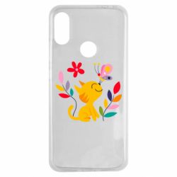 Чехол для Xiaomi Redmi Note 7 Cat, Flowers and Butterfly - PrintSalon