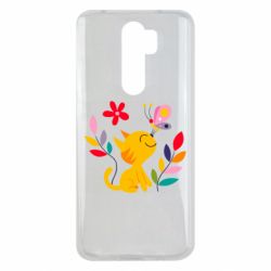 Чехол для Xiaomi Redmi Note 8 Pro Cat, Flowers and Butterfly - PrintSalon