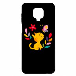 Чехол для Xiaomi Redmi Note 9S/9Pro/9Pro Max Cat, Flowers and Butterfly - PrintSalon