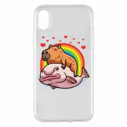 Чехол для iPhone X/Xs Капибара на рыбе - PrintSalon