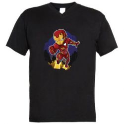 Мужская футболка  с V-образным вырезом Flying Iron man - PrintSalon