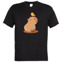 Мужская футболка  с V-образным вырезом Капибара с птичкой - PrintSalon