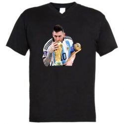 Мужская футболка  с V-образным вырезом Месси целует кубок - PrintSalon