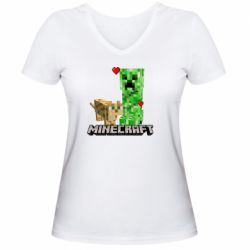 Женская футболка с V-образным вырезом Creeper and Cat - PrintSalon
