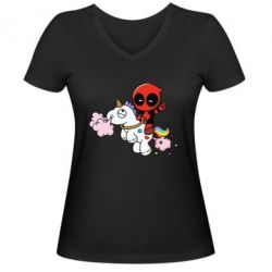 Жіноча футболка з V-подібним вирізом Deadpool on the unicorn - PrintSalon