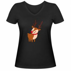 Женская футболка с V-образным вырезом Deer with red nose - PrintSalon