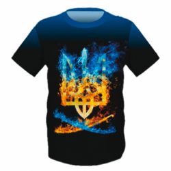 Дитяча 3D футболка Герб Украины в желто - голубом огнем - PrintSalon