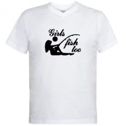 Мужская футболка  с V-образным вырезом Девушки тоже рыбачат - PrintSalon