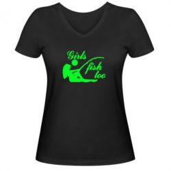 Женская футболка с V-образным вырезом Девушки тоже рыбачат - PrintSalon