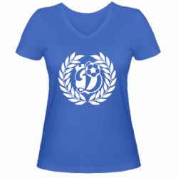 Женская футболка с V-образным вырезом Динамо Киев: мяч, колоски лого