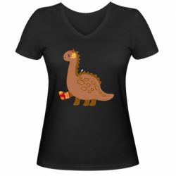 Женская футболка с V-образным вырезом Dinosaur in sock - PrintSalon