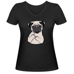 Женская футболка с V-образным вырезом Dog Portait with middle finger up - PrintSalon