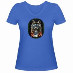 Женская футболка с V-образным вырезом Енот в очках - PrintSalon