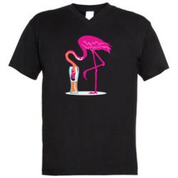 Мужская футболка  с V-образным вырезом Flamingo drinks beer - PrintSalon