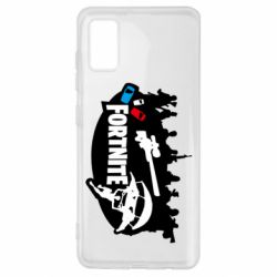 Чехол для Samsung A41 Fortnite logo and heroes - PrintSalon