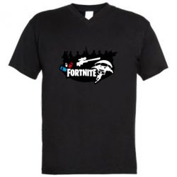Мужская футболка  с V-образным вырезом Fortnite logo and heroes-PrintSalon Мужская футболка  с V-образным вырезом Fortnite logo and heroes