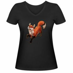 Женская футболка с V-образным вырезом Fox in flight - PrintSalon