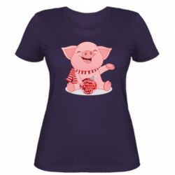 Жіноча футболка Funny pig with a Christmas toy - PrintSalon