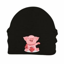 Шапка флисовая Funny pig with a Christmas toy