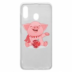 Чохол для Samsung A20 Funny pig with a Christmas toy - PrintSalon