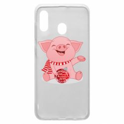 Чехол для Samsung A30 Funny pig with a Christmas toy