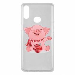 Чохол для Samsung A10s Funny pig with a Christmas toy - PrintSalon