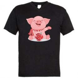Чоловіча футболка з V-подібним вирізом Funny pig with a Christmas toy - PrintSalon