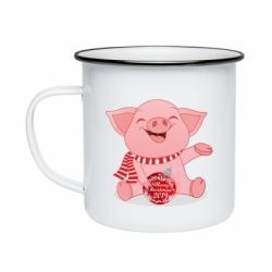 Кружка емальована Funny pig with a Christmas toy - PrintSalon