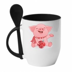 Чашка з ложкою Funny pig with a Christmas toy - PrintSalon