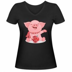 Жіноча футболка з V-подібним вирізом Funny pig with a Christmas toy - PrintSalon