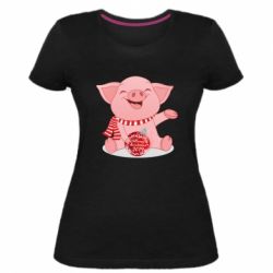 Жіноча преміум футболка Funny pig with a Christmas toy - PrintSalon