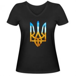 Жіноча футболка з V-подібним вирізом Герб на фоні прапора - PrintSalon