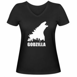 Женская футболка с V-образным вырезом Godzilla and city - PrintSalon