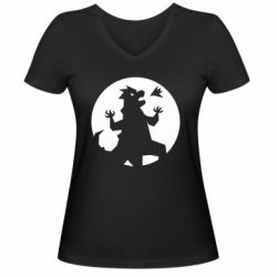 Женская футболка с V-образным вырезом Godzilla and moon - PrintSalon