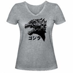 Женская футболка с V-образным вырезом Godzilla in japanese - PrintSalon