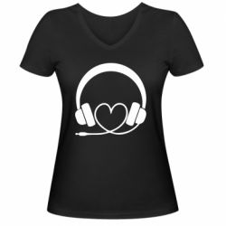 Женская футболка с V-образным вырезом Headphones and heart - PrintSalon