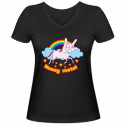 Женская футболка с V-образным вырезом Heavy metal unicorn - PrintSalon