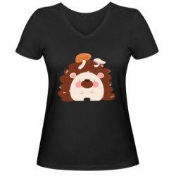 Женская футболка с V-образным вырезом Hedgehog with mushrooms - PrintSalon