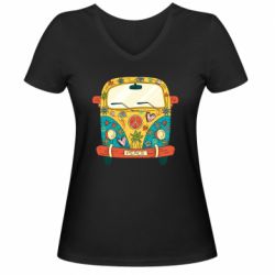 Женская футболка с V-образным вырезом Hippie bus - PrintSalon