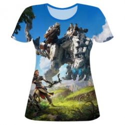 Женская футболка 3D Horizon Zero Dawn Ela and mechanical dinosaur - PrintSalon