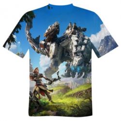 Мужская футболка 3D Horizon Zero Dawn Ela and mechanical dinosaur - PrintSalon